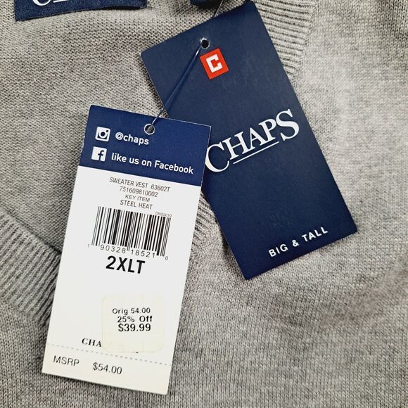 Chaps V-Neck Sweater Vest Mens Size 2XLT Big & Tall Gray Preppy Business NWT - Picture 4 of 12